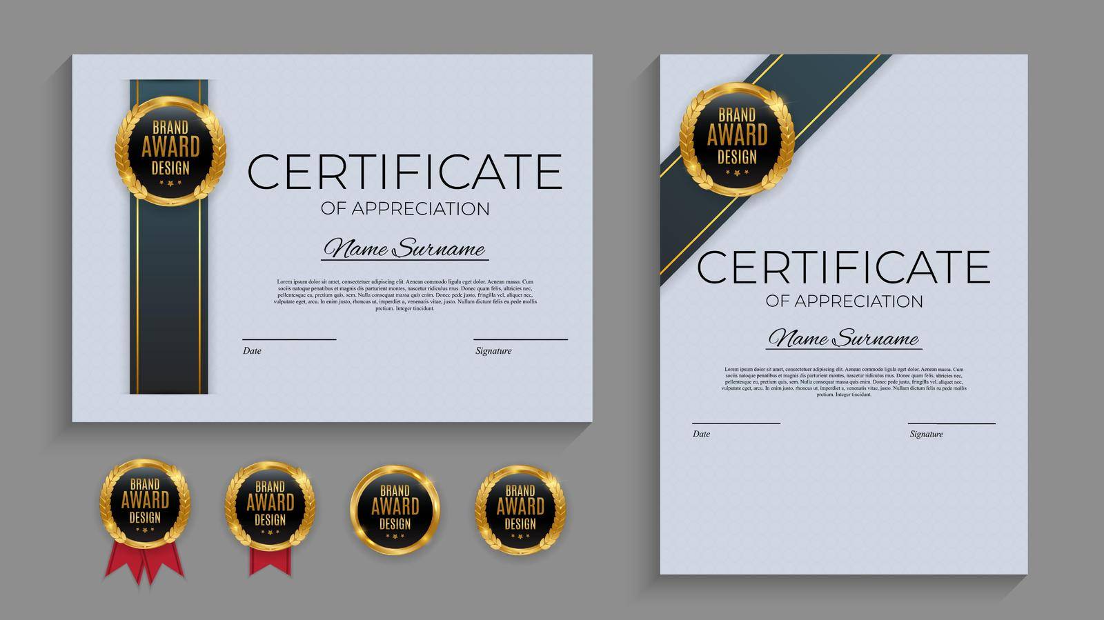 Certificate of achievement template set Background with gold badge and border. Award diploma design blank. Vector Illustration by yganko