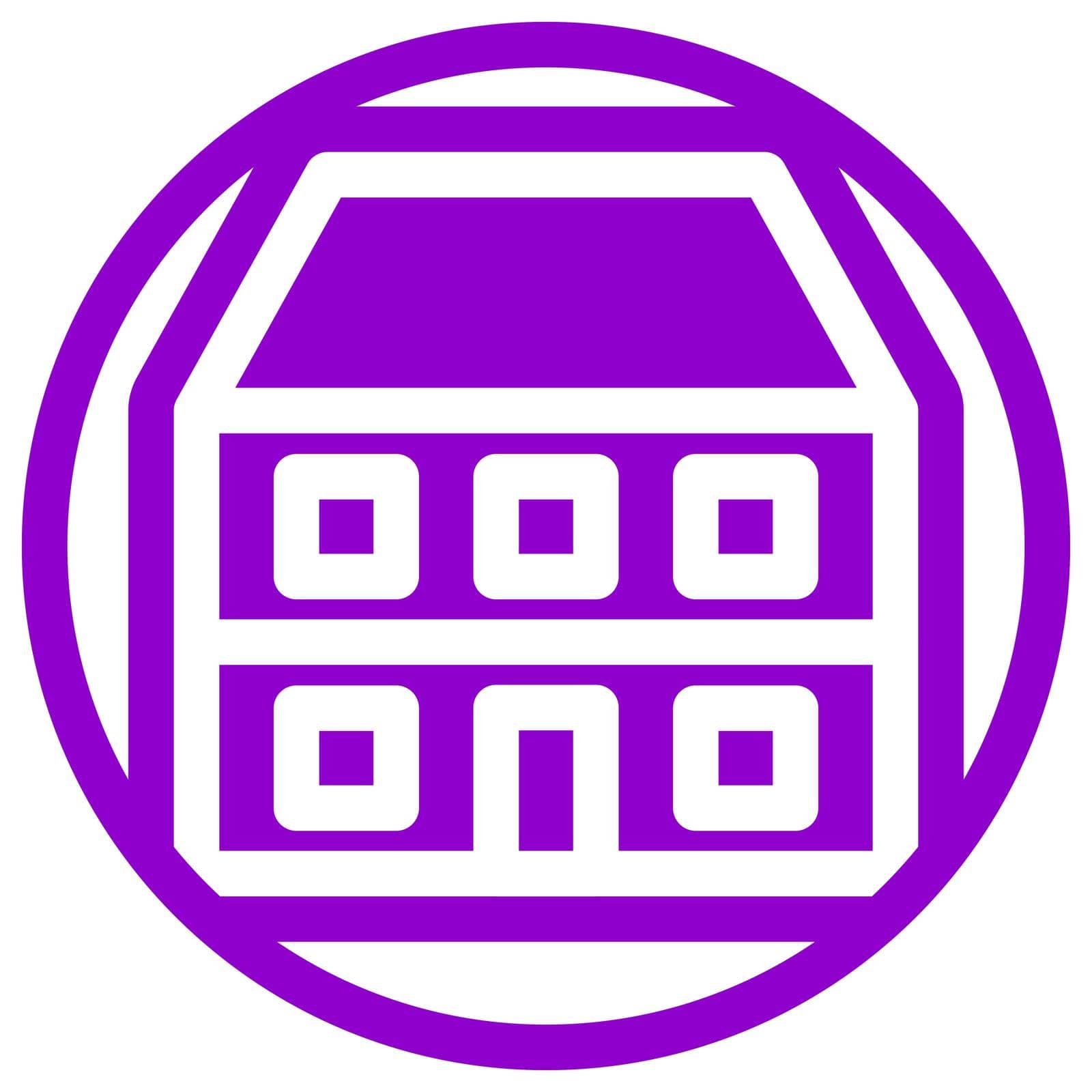 Apartment icon in flat design with purple color and outline on a line circle background.