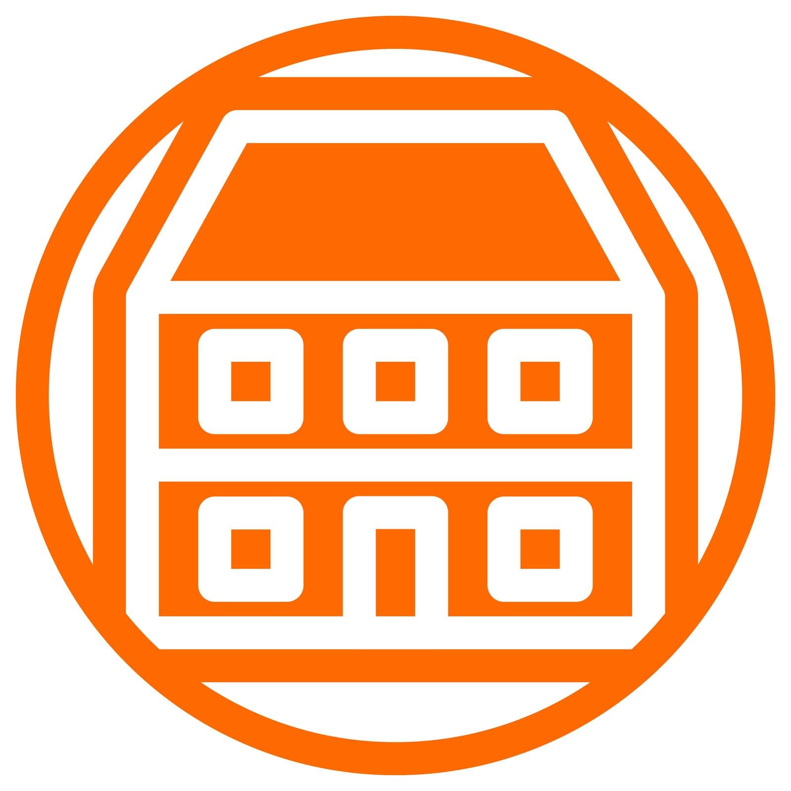 Apartment icon in flat design with orange color and outline on a line circle background.