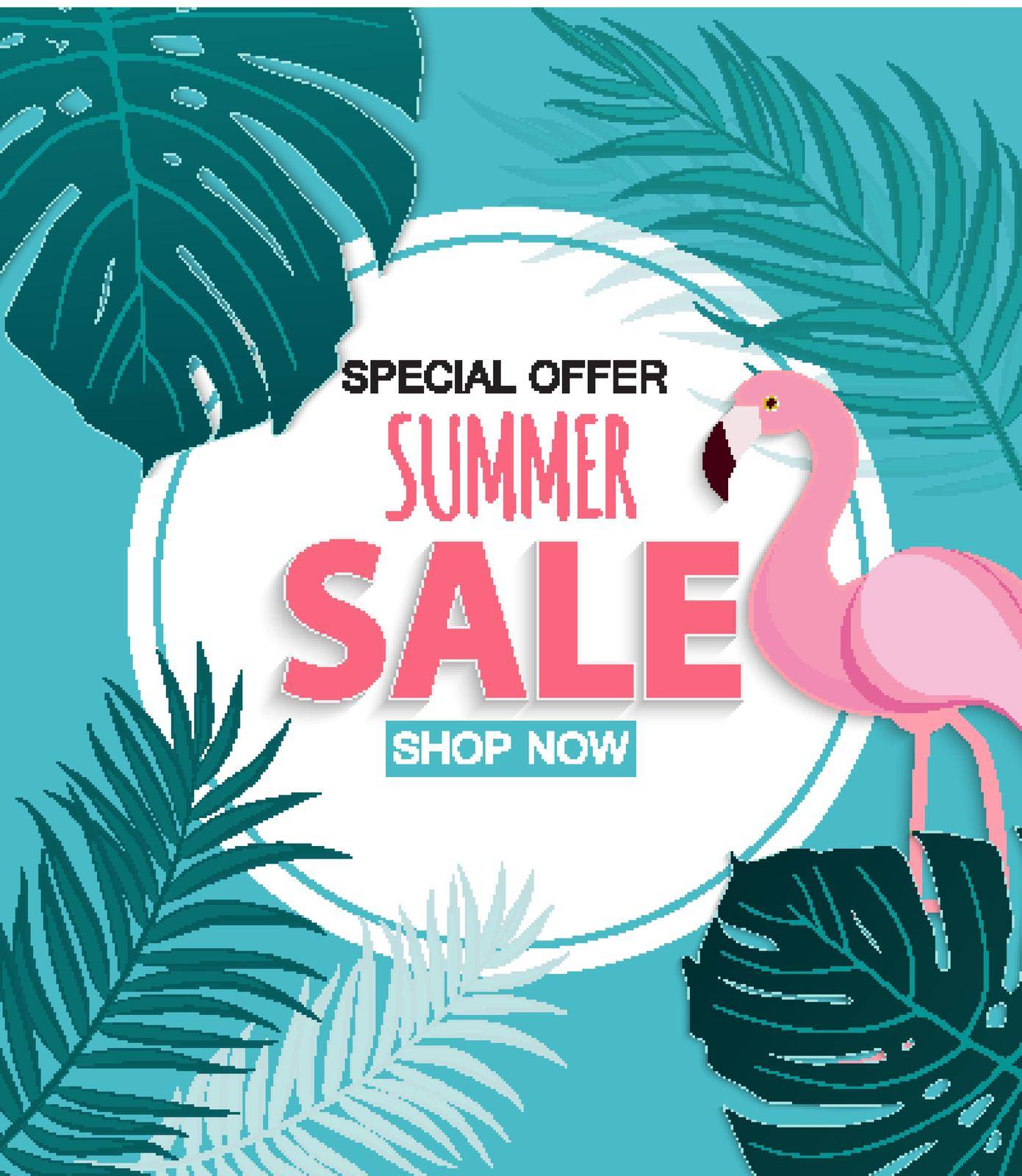 Abstract Tropical Summer Sale Background with Flamingo and Leaves. Vector Illustration EPS10