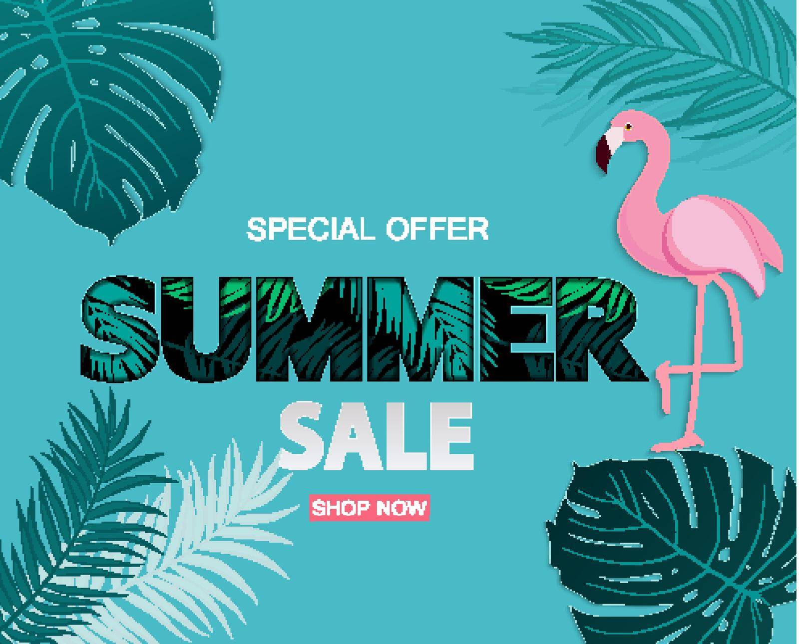 Abstract Tropical Summer Sale Background with Flamingo and Leaves. Vector Illustration by yganko