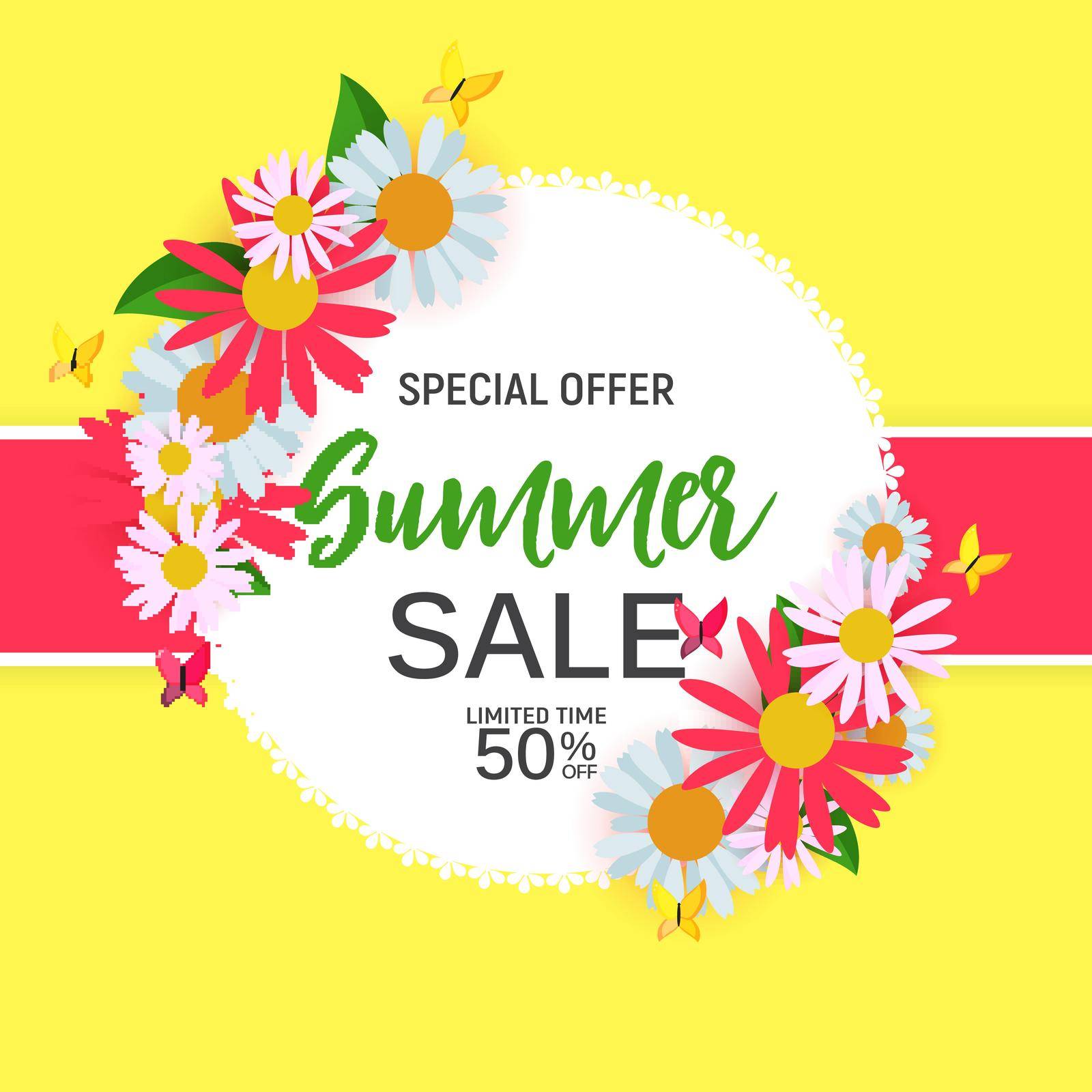 Abstract Flower Summer Sale Background with Frame. Vector Illustration by yganko