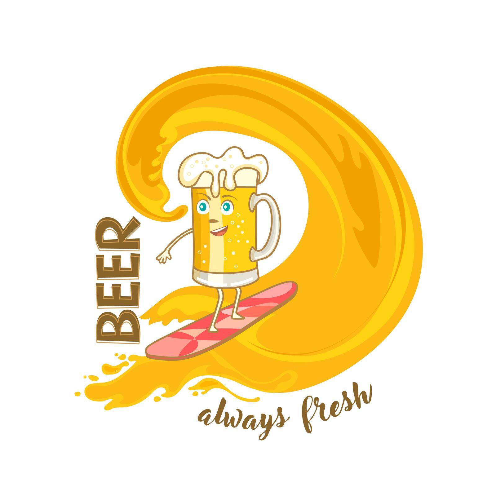 Beer mug cartoon character. Poster with the beer wave logo for advertising draught beer