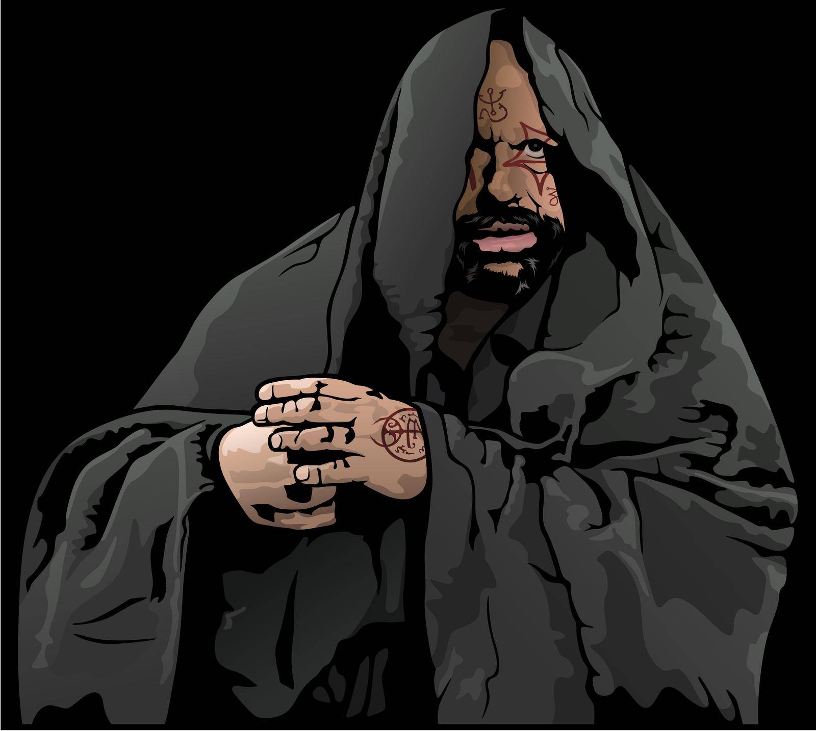 Mysterious Monk with Magic Tattoo - Colored Illustration Isolated on Black Background, Vector