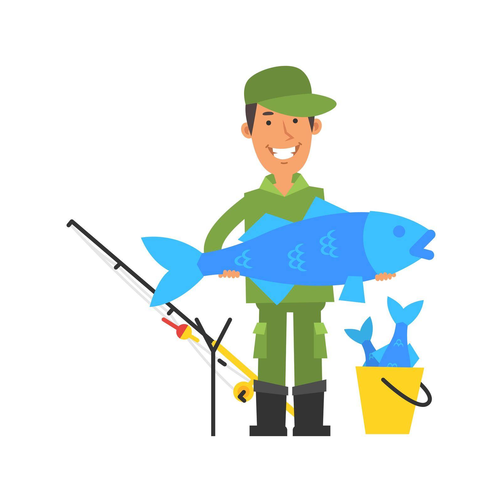Happy fisherman holding big fish and smiling. Vector characters by yuriytsirkunov