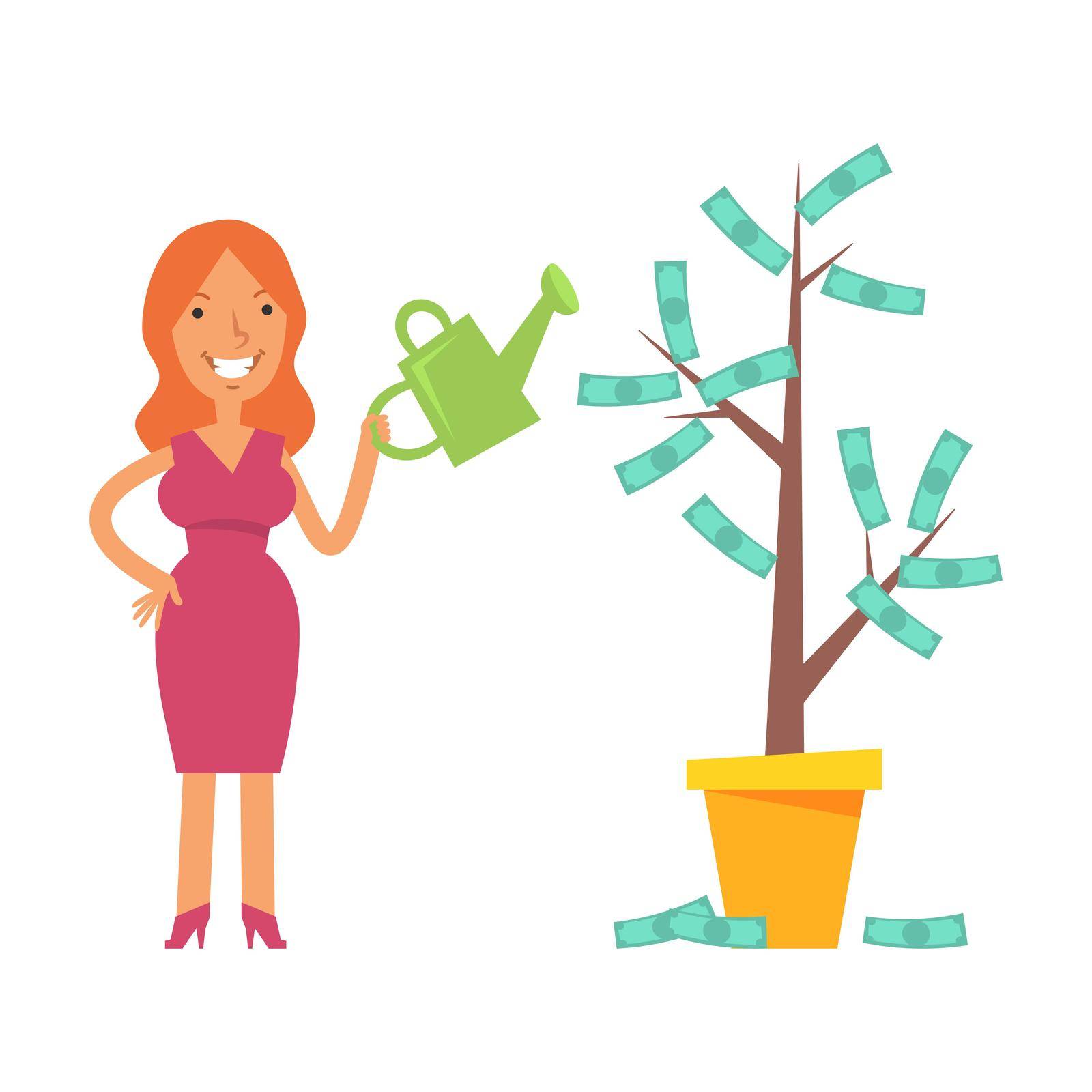 Money Tree. Young woman holding watering can and smiling. Vector characters by yuriytsirkunov