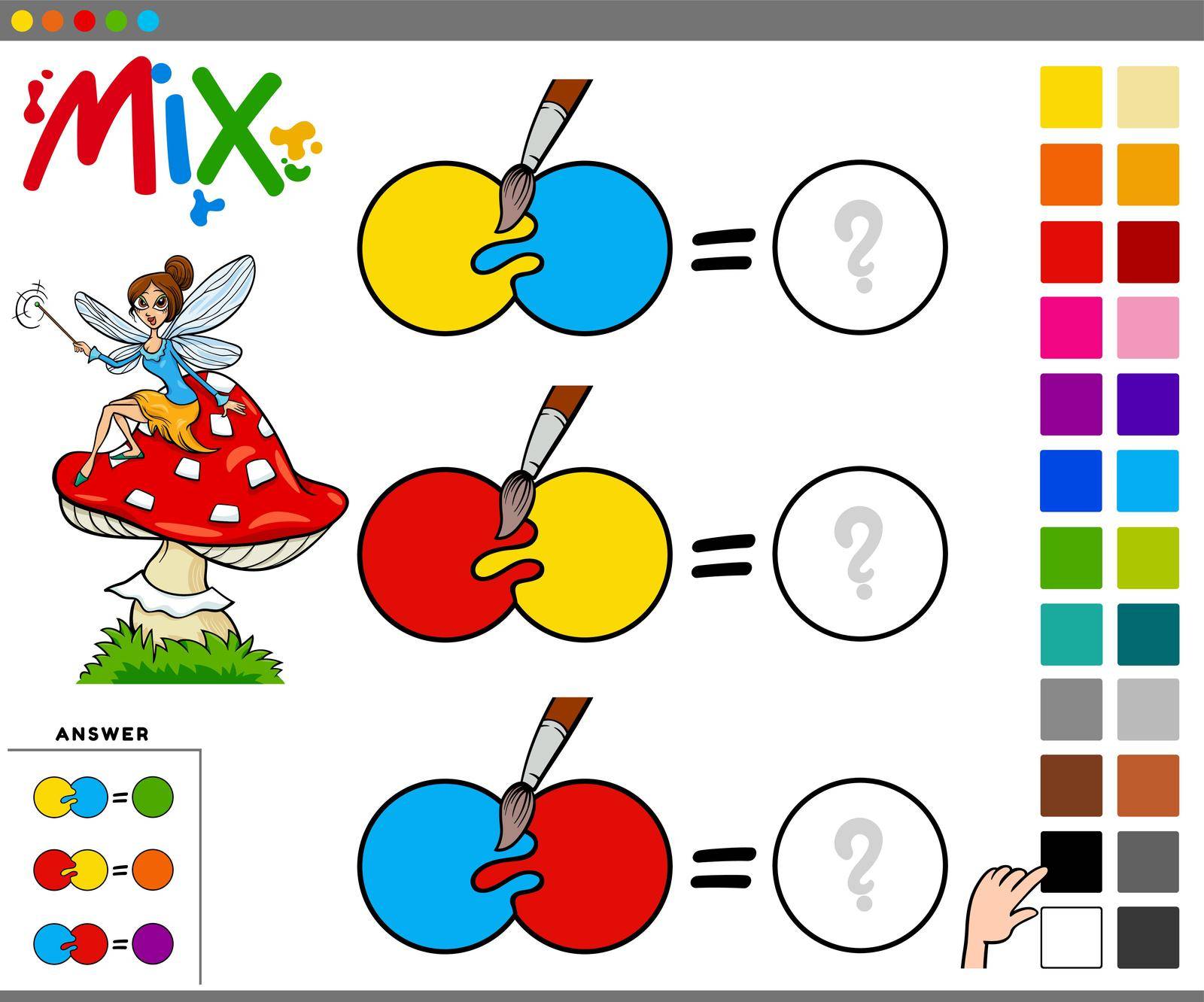 Cartoon illustration of mixing colors educational task for children