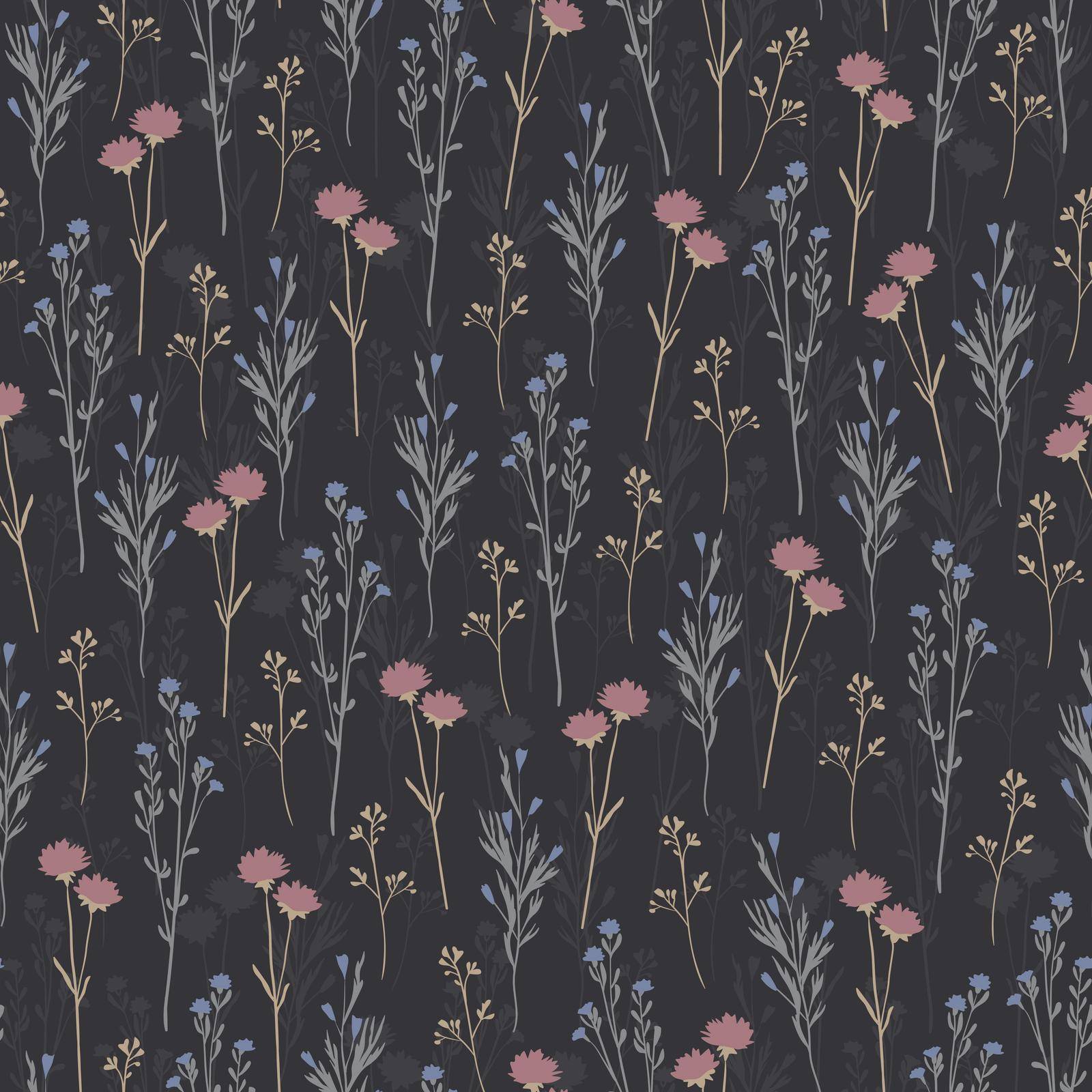 Seamless repeating pattern of flowers on black background
