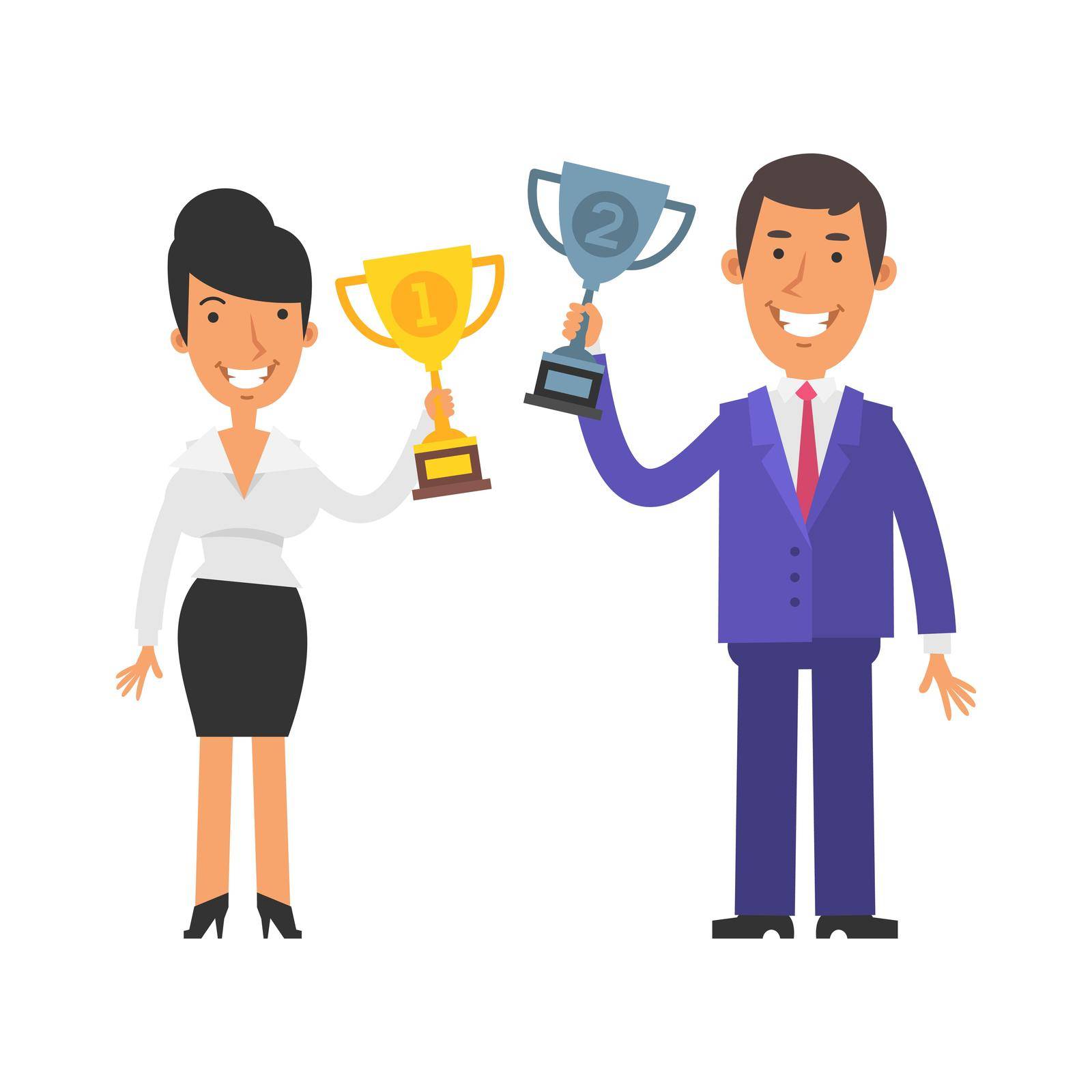 Business woman holding gold cup and smiling. Businessman holding silver cup and smiling. Vector characters. Vector Illustration