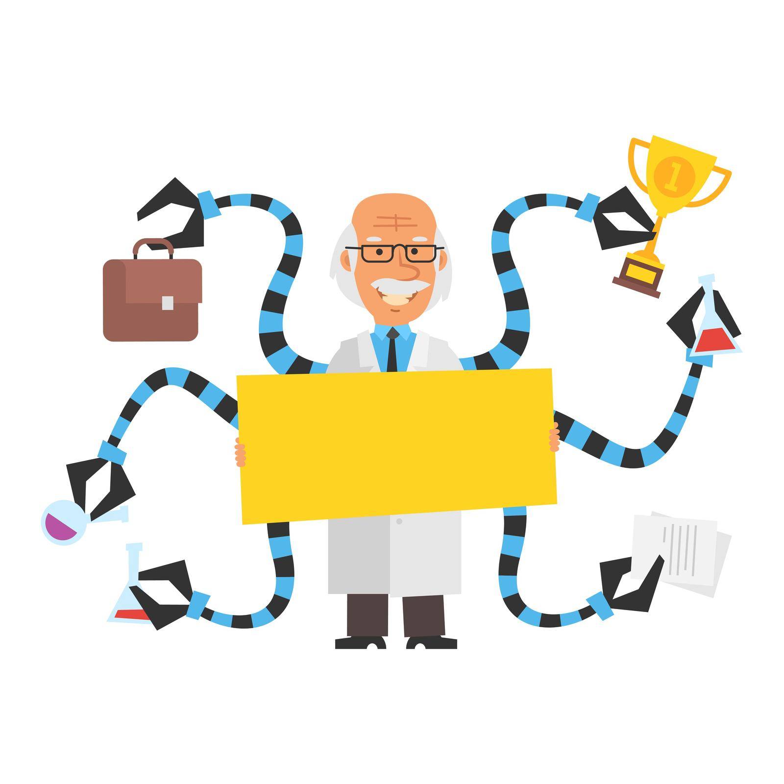 Professor holding blank sign and smiling. Behind professor back are robotic tentacles. Vector characters. Vector Illustration