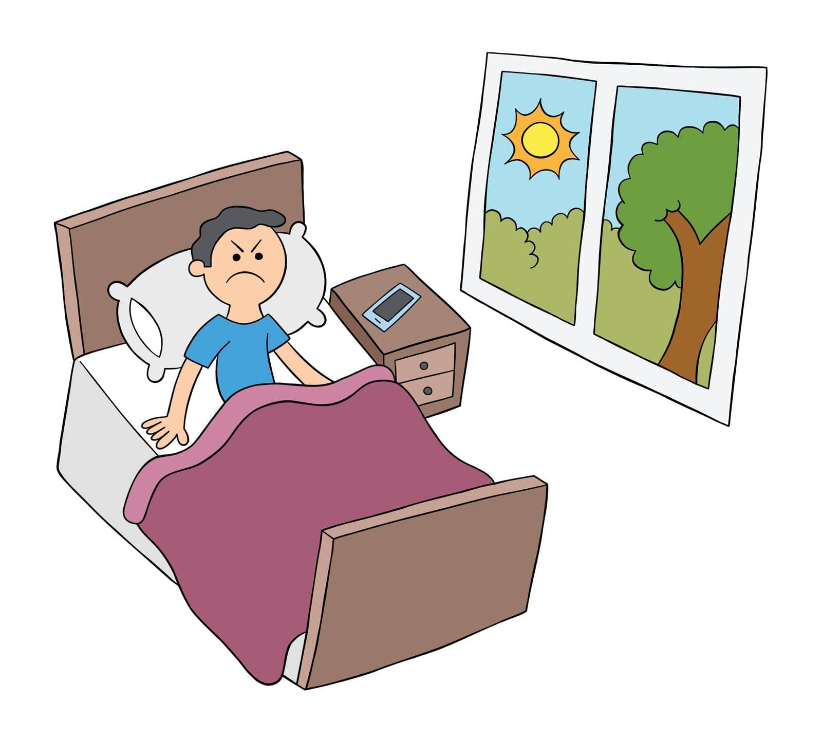 Cartoon man woke up in the morning but very angry, vector illustration. Black outlined and colored.