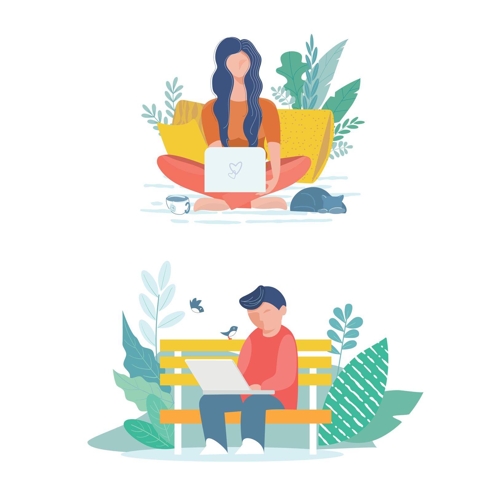 A girl with a laptop at home. A young man with a laptop on a bench in the park. Conceptual illustrations of remote work.