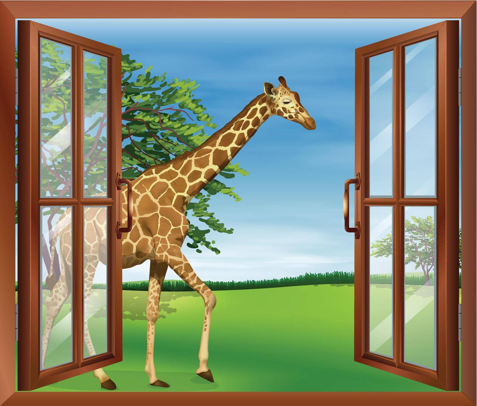 Illustration of a giraffe outside the window