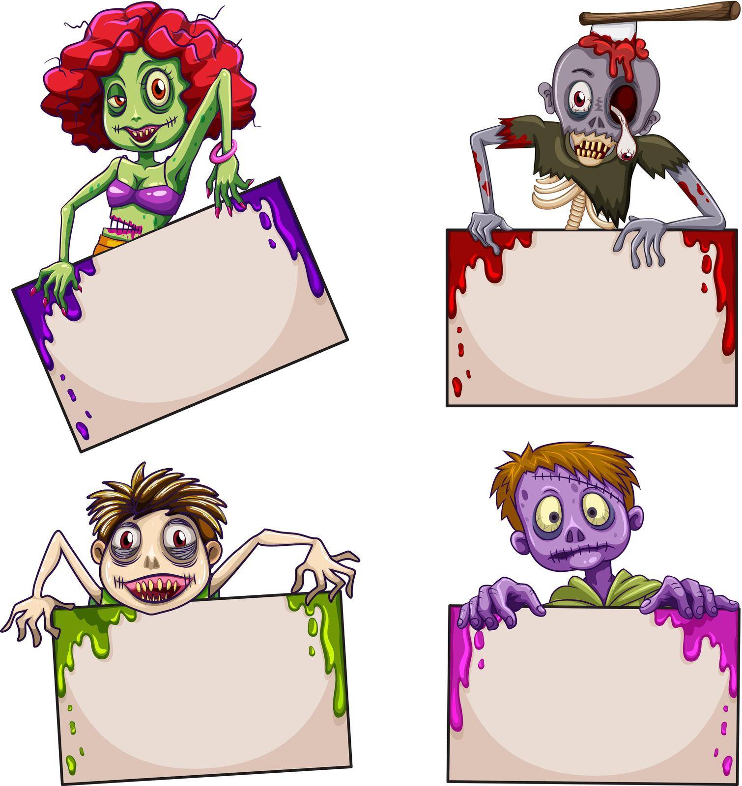 lllustration of the zombies with empty signboards on a white background
