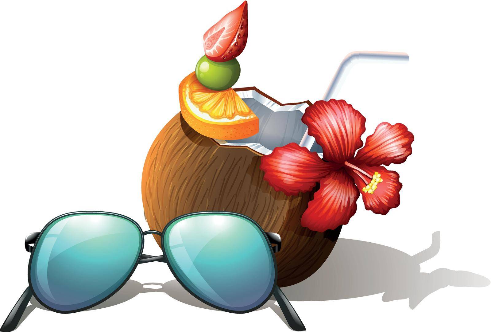 lllustration of a refreshing drink and a sunglasses for a beach outing on a white background