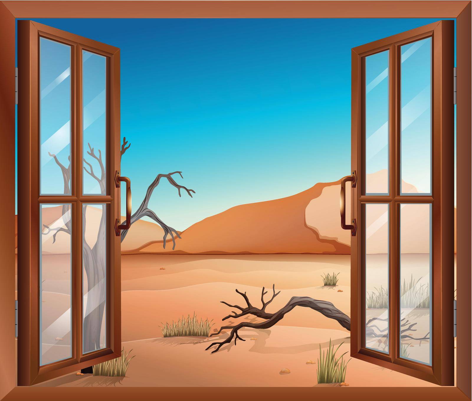 Illustration of an open window with a view of the desert