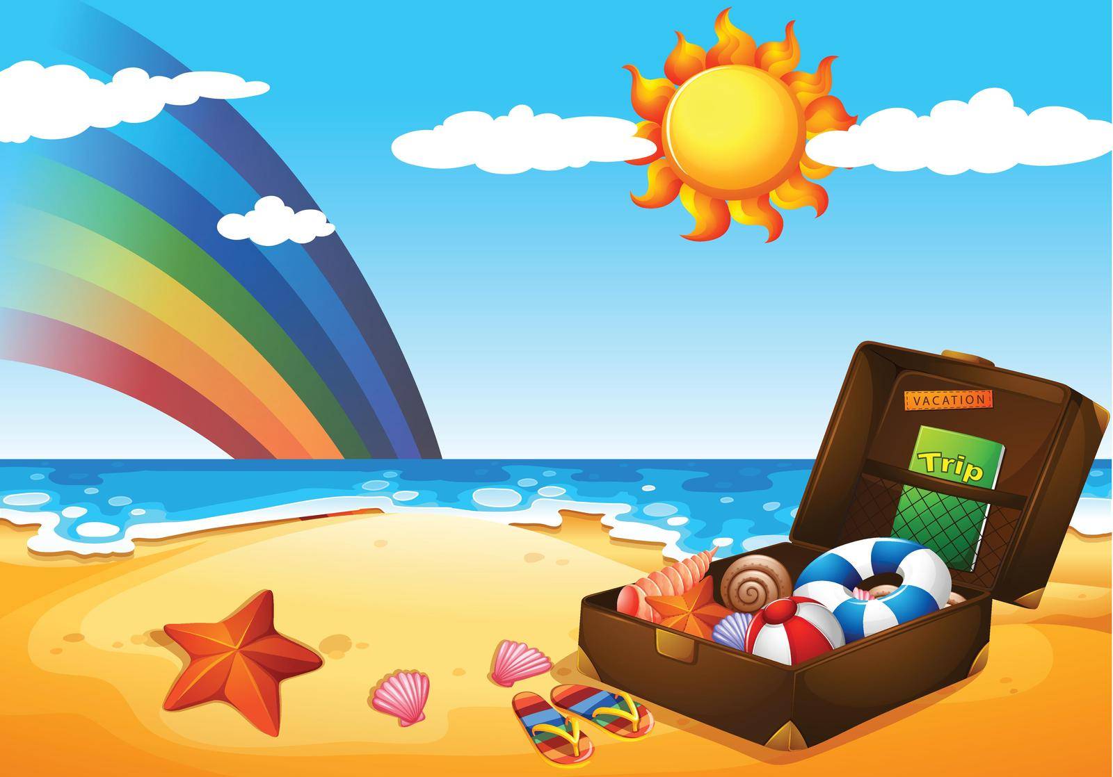 Illustration of a beach under the sky with a rainbow and a bright sun