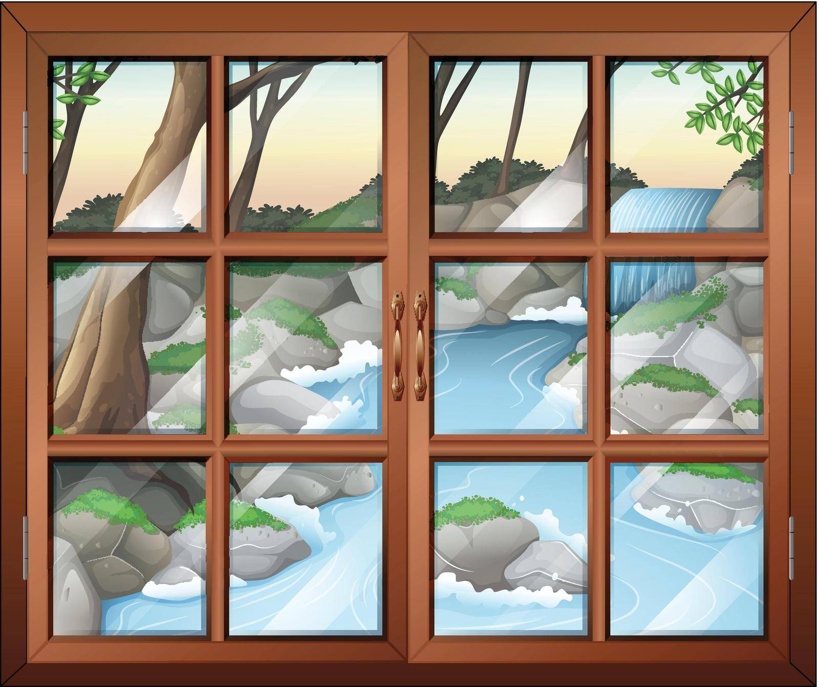 Illustration of a closed window near the waterfall