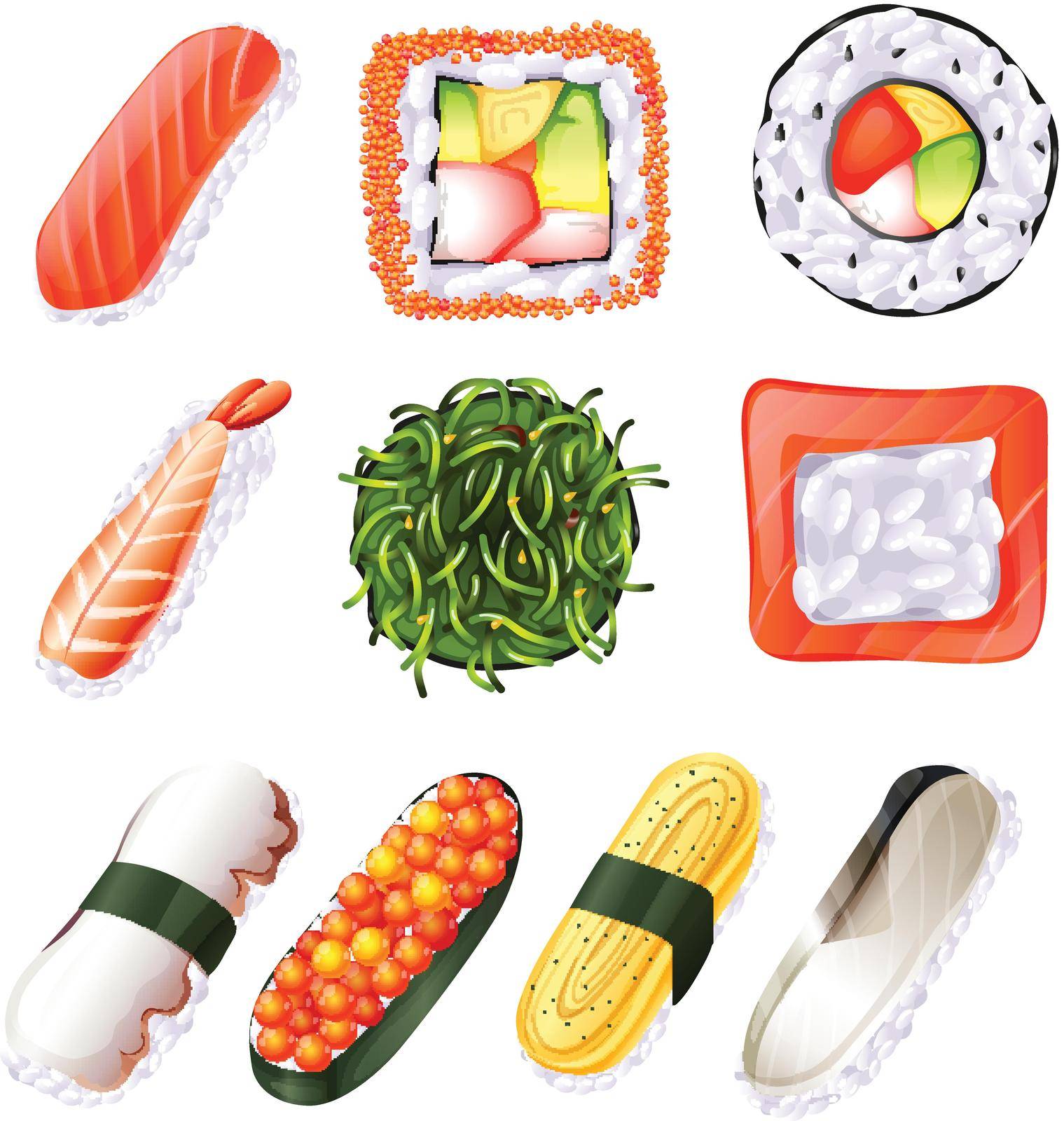 Illustration of a set of sushi on a white background