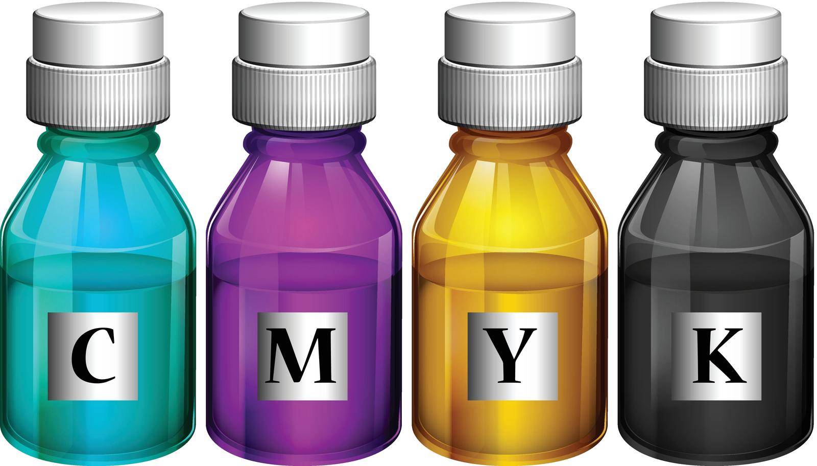 Illustration of the bottles of colorful inks on a white background