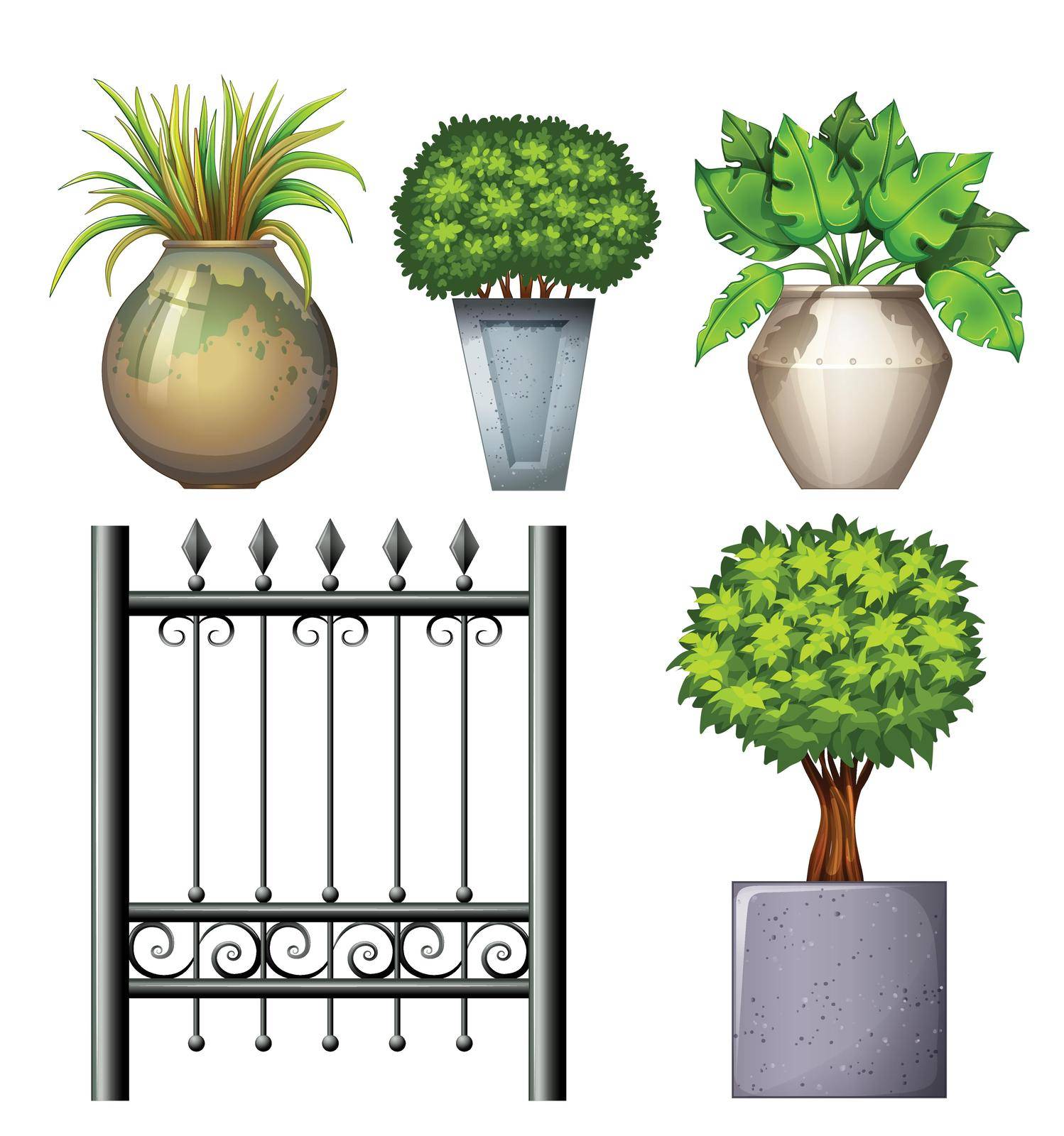 Illustration of a steel gate and potted plants on a white background