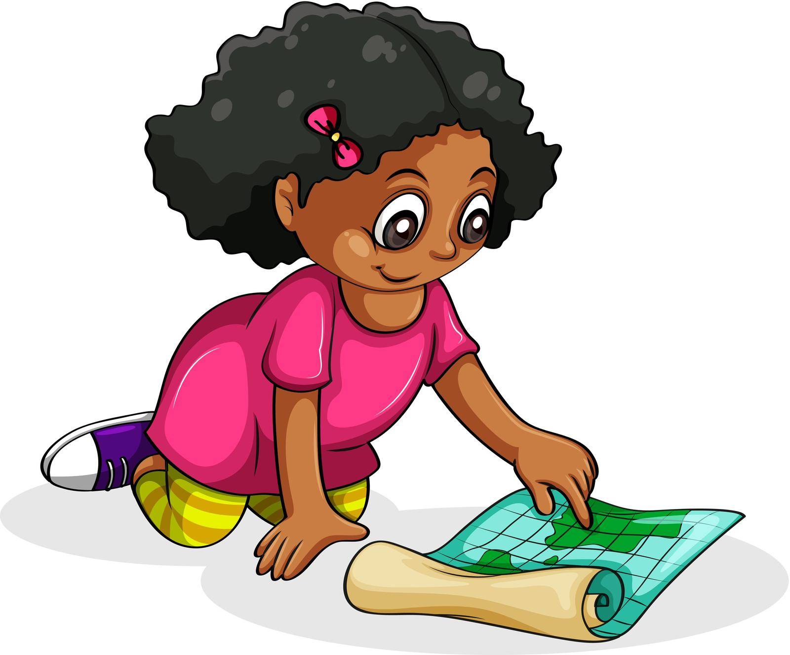 Illustration of a Black young girl studying on a white background