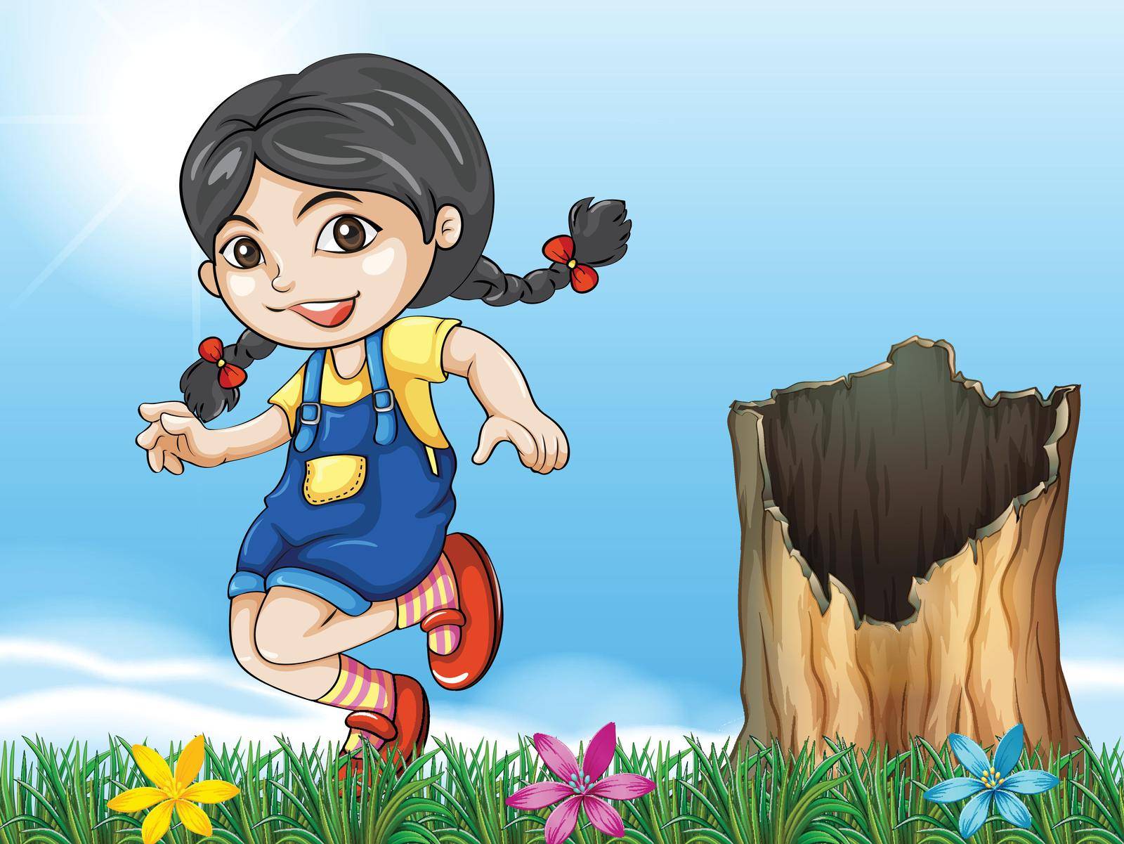 Illustration of a girl playing beside the stump