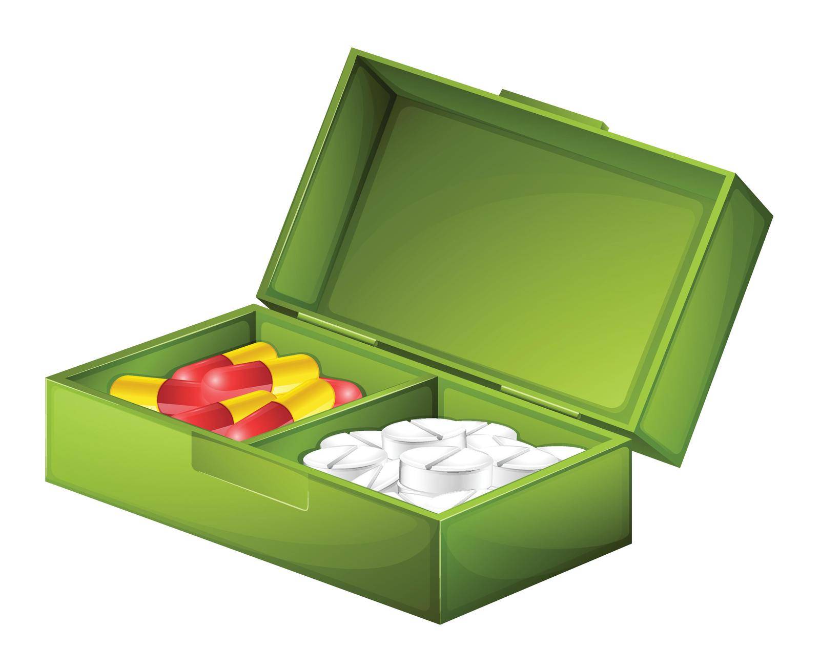 Illustration of a medicine box with tablets and capsules on a white background