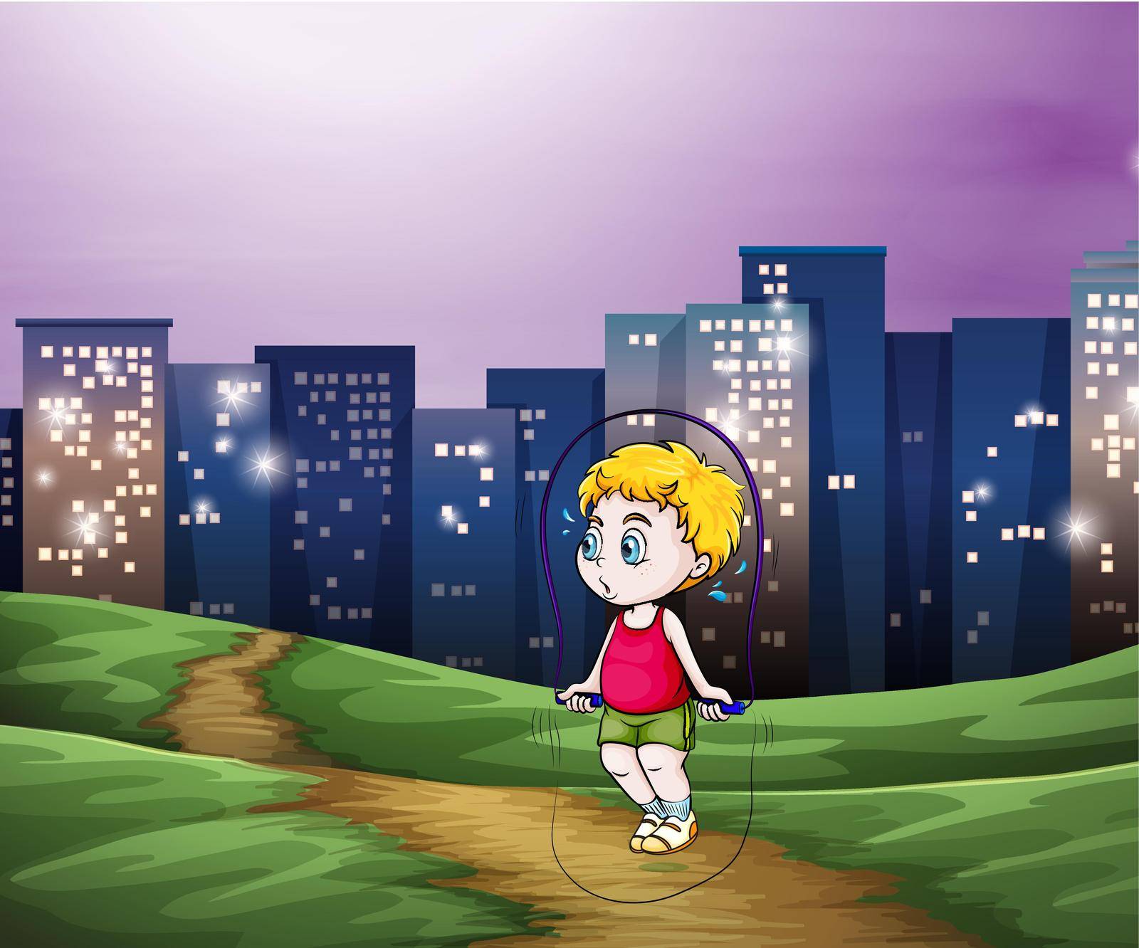 Illustration of a young boy playing across the tall buildings in the city