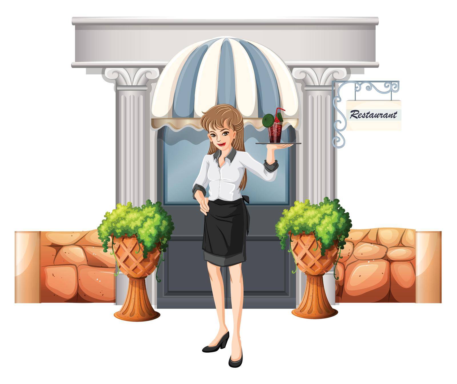 Illustration of a waitress holding a tray in front of the restaurant on a white background
