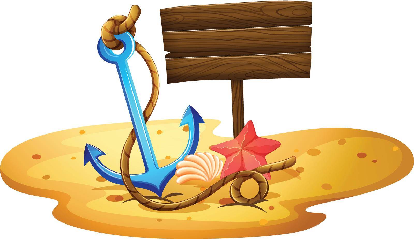 Illustration of a beach with an anchor and empty signboard on a white background