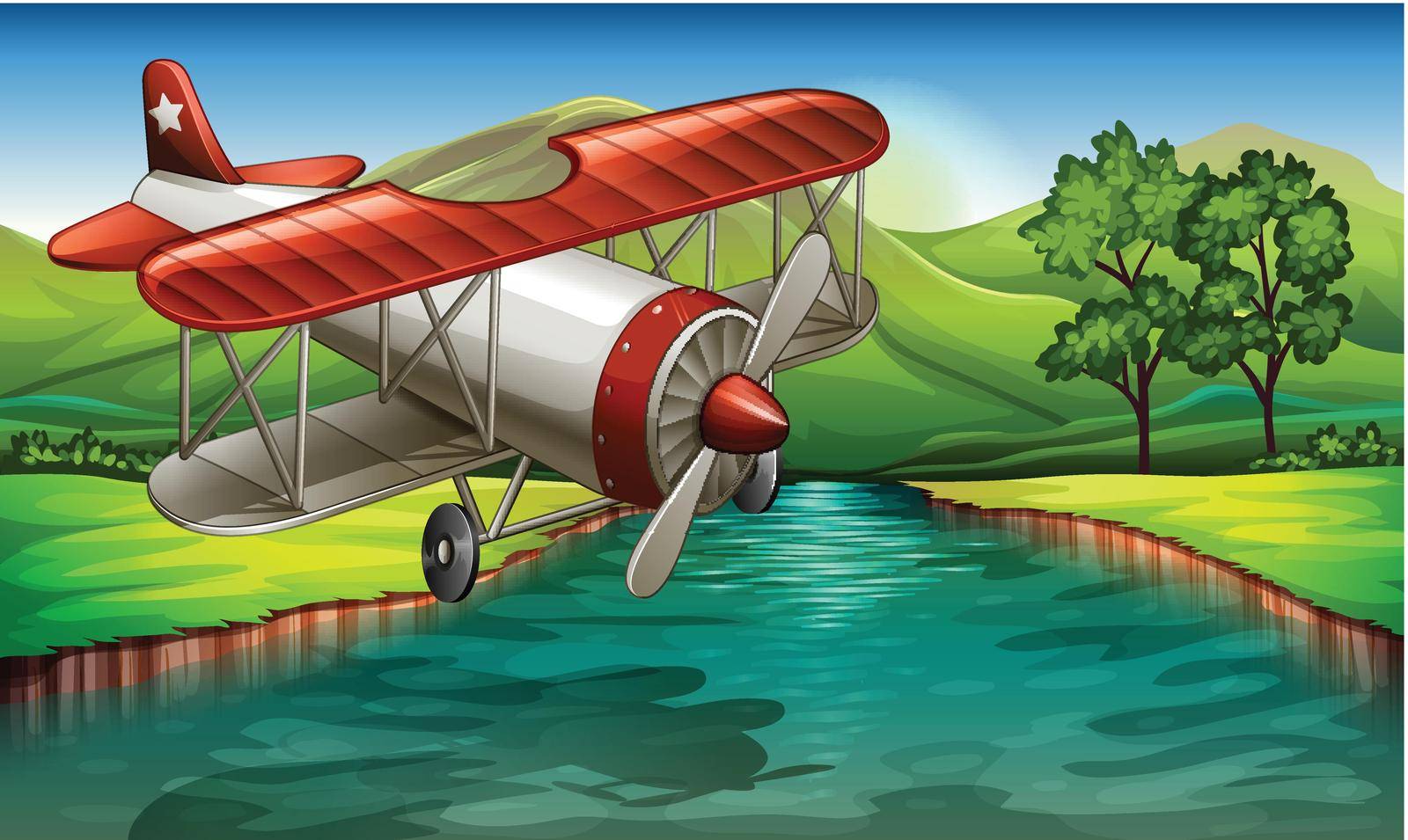 Illustration of an airplane flying over the river