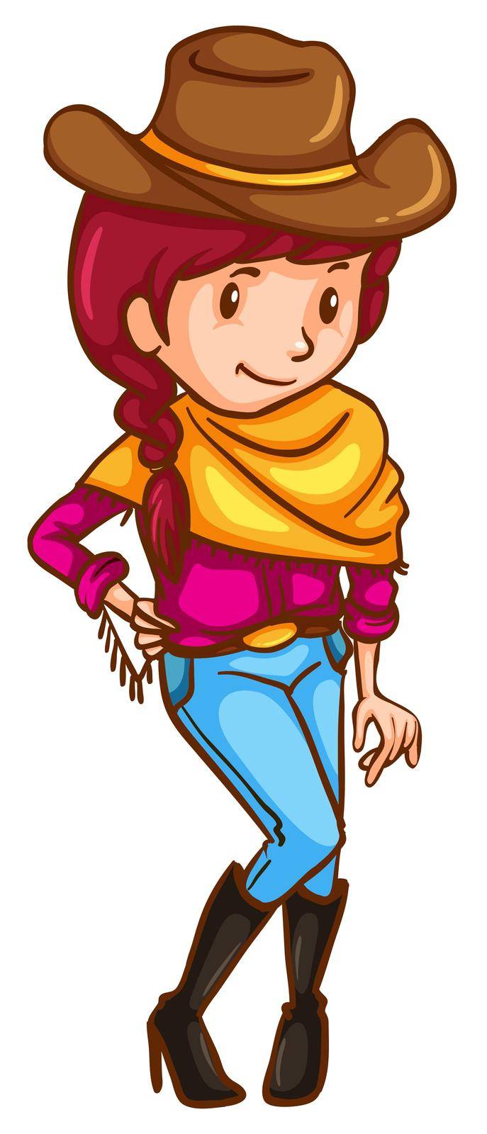 Illustration of a simple coloured sketch of a cowgirl on a white background