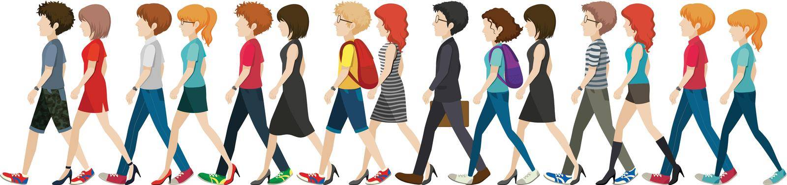 A group of faceless people walking in line by iimages