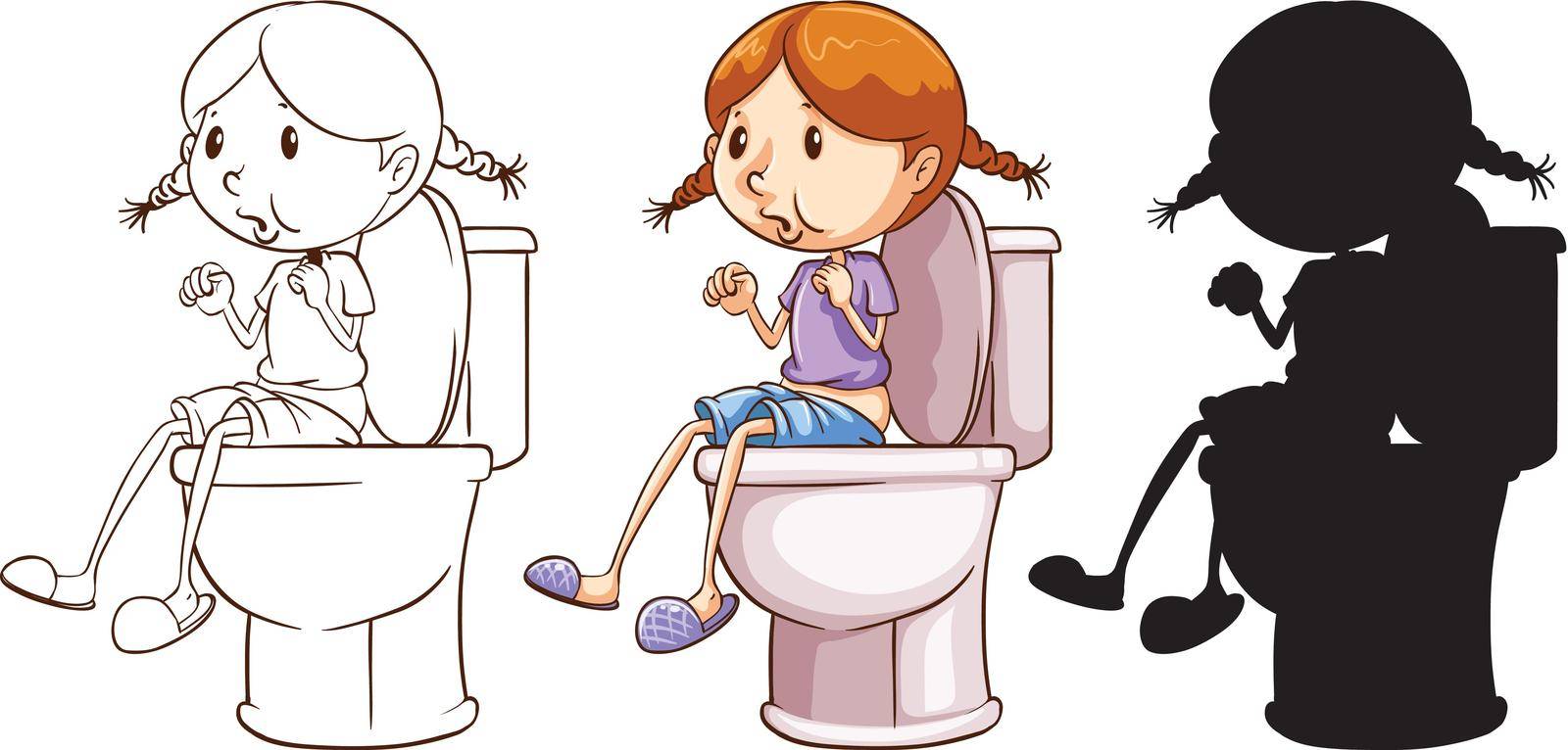 A girl above the toilet bowl in three different colours on a white background