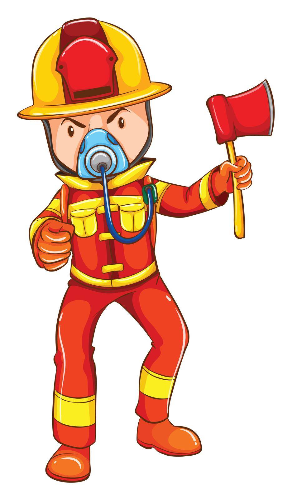 Illustration of a simple coloured sketch of a fireman on a white background