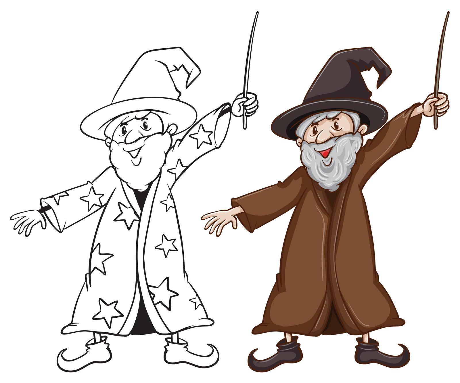 Illustration of the sketches of a wizard in two colours on a white background