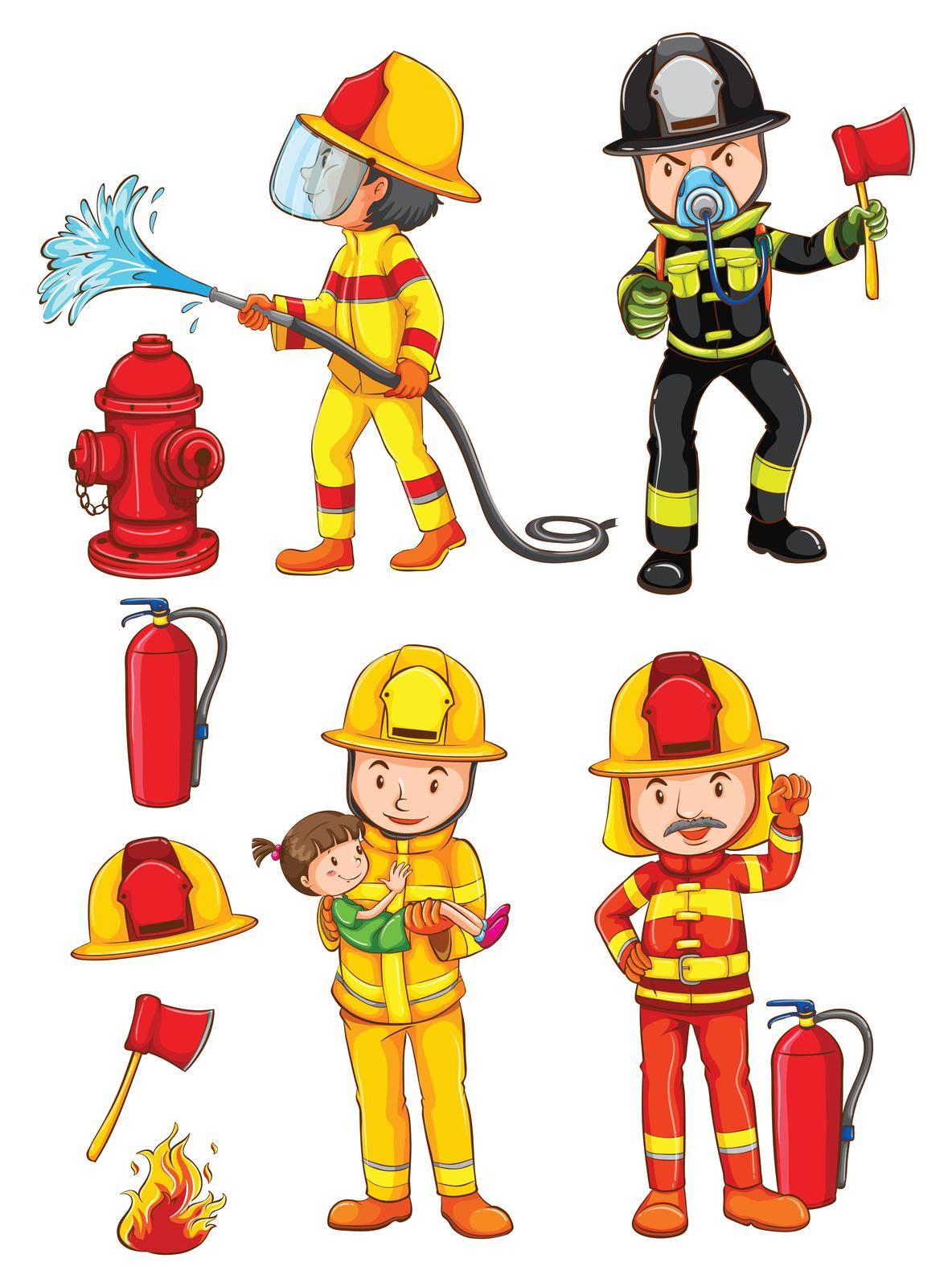 Illustration of the simple sketches of the firemen on a white background