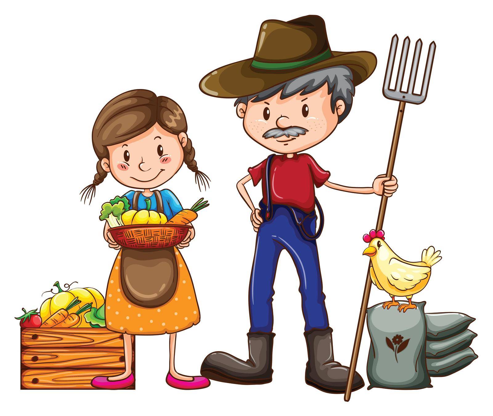 A farmer holding a rake and a vendor with a basket of vegetables on a white background