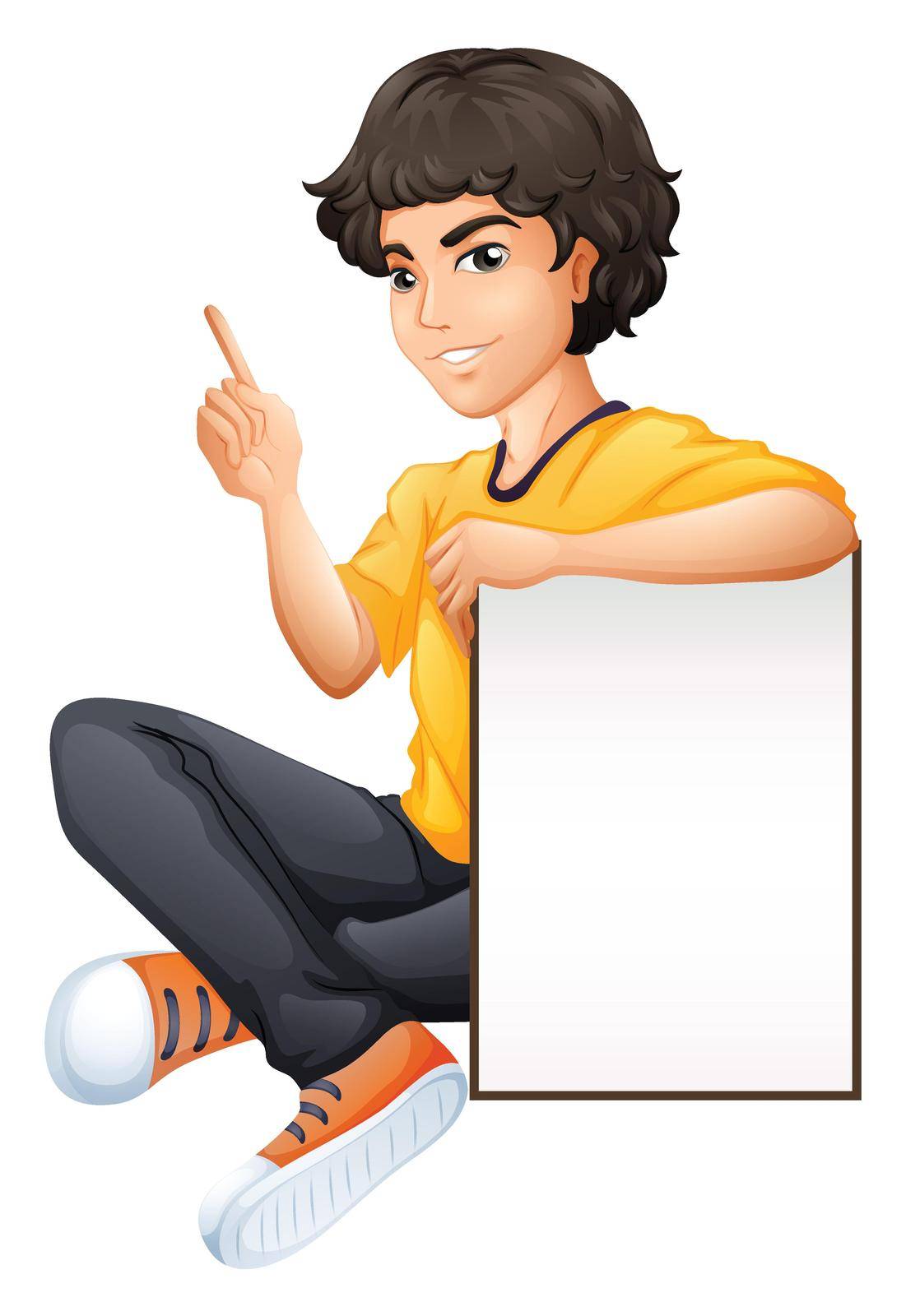 A boy sitting with an empty board on a white background