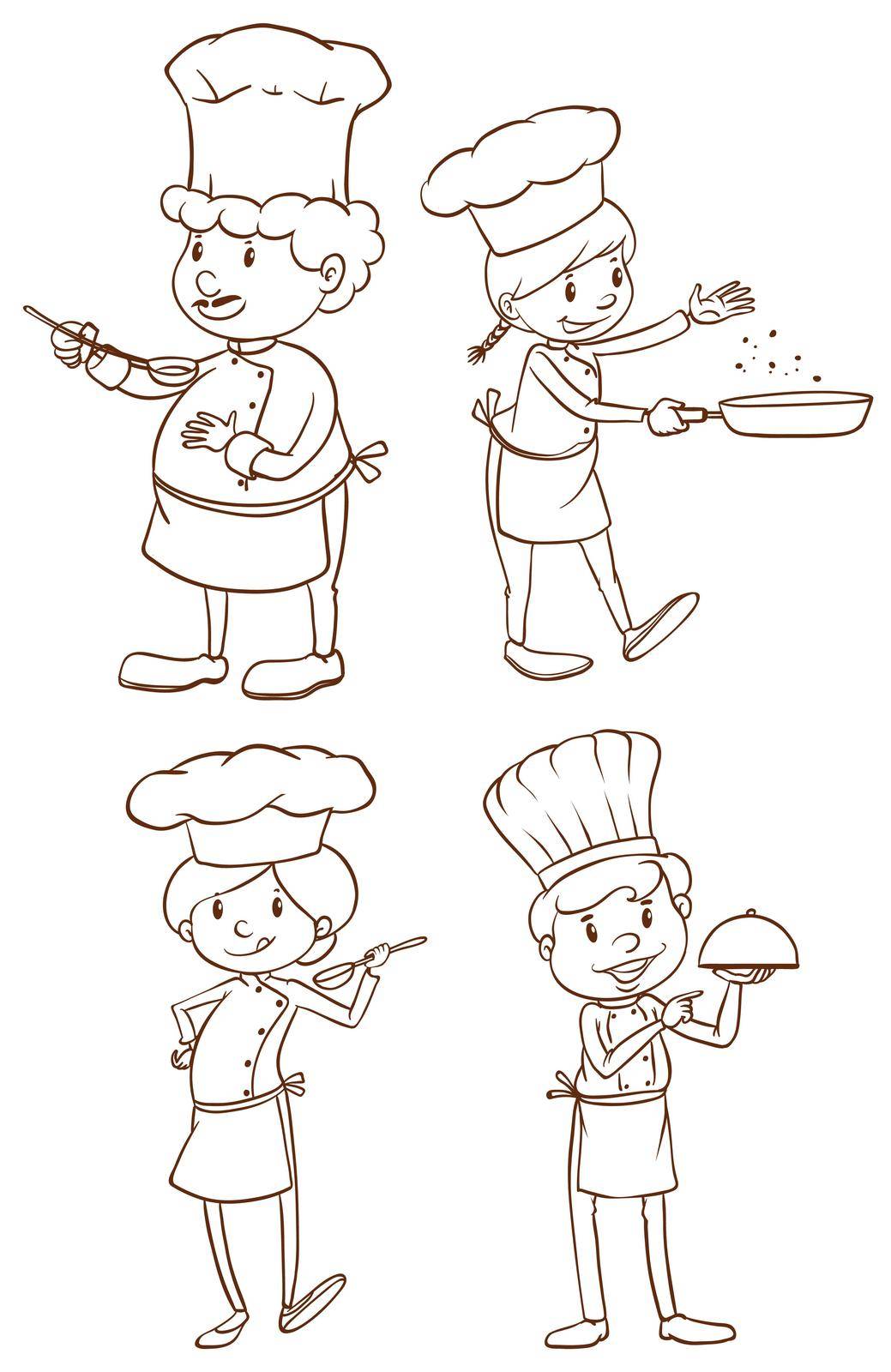 Illustration of the simple plain sketches of the chefs on a white background
