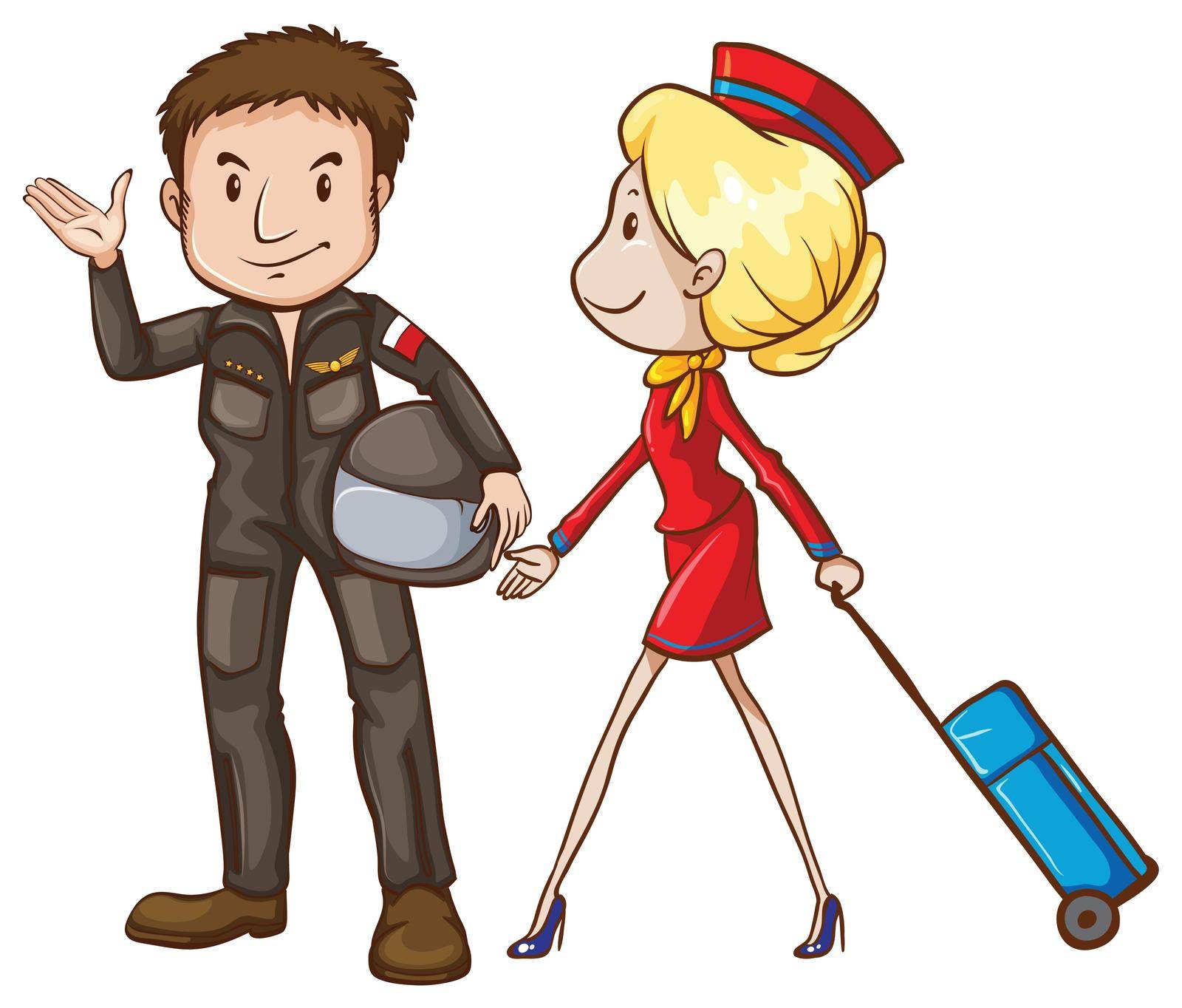 Illustration of a simple sketch of a pilot and a stewardess on a white background