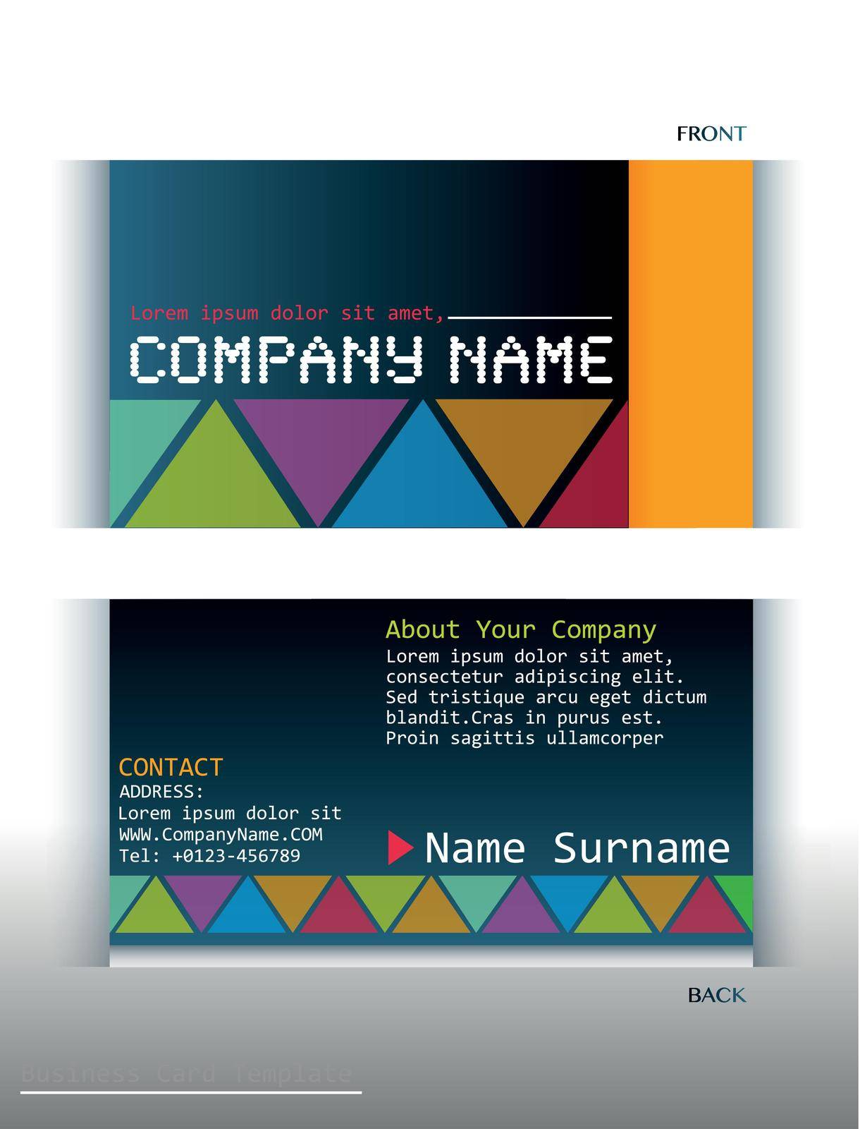 A colourful business card on a white background