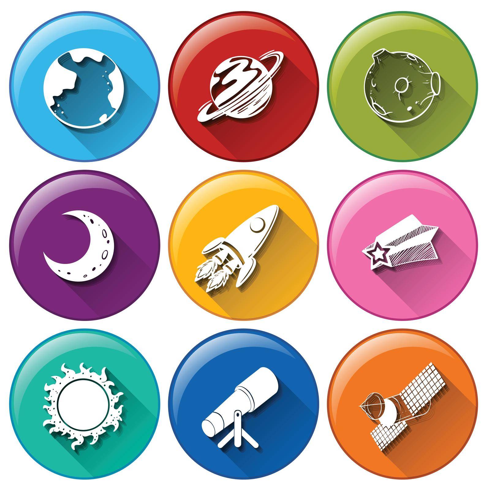 Illustration of the round icons with things in the outerspace on a white background