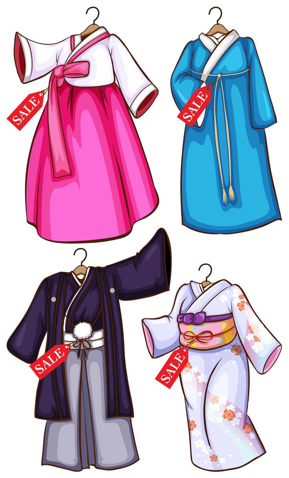 Simple sketches of the Asian dresses on a white background