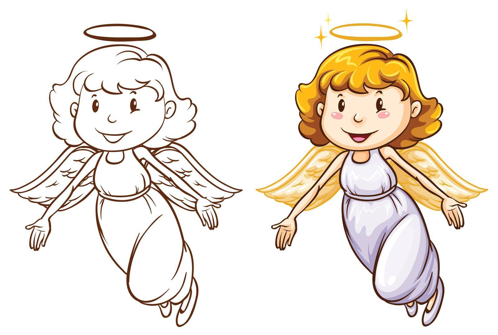 Illustration of the sketches of angels in different colors on a white background