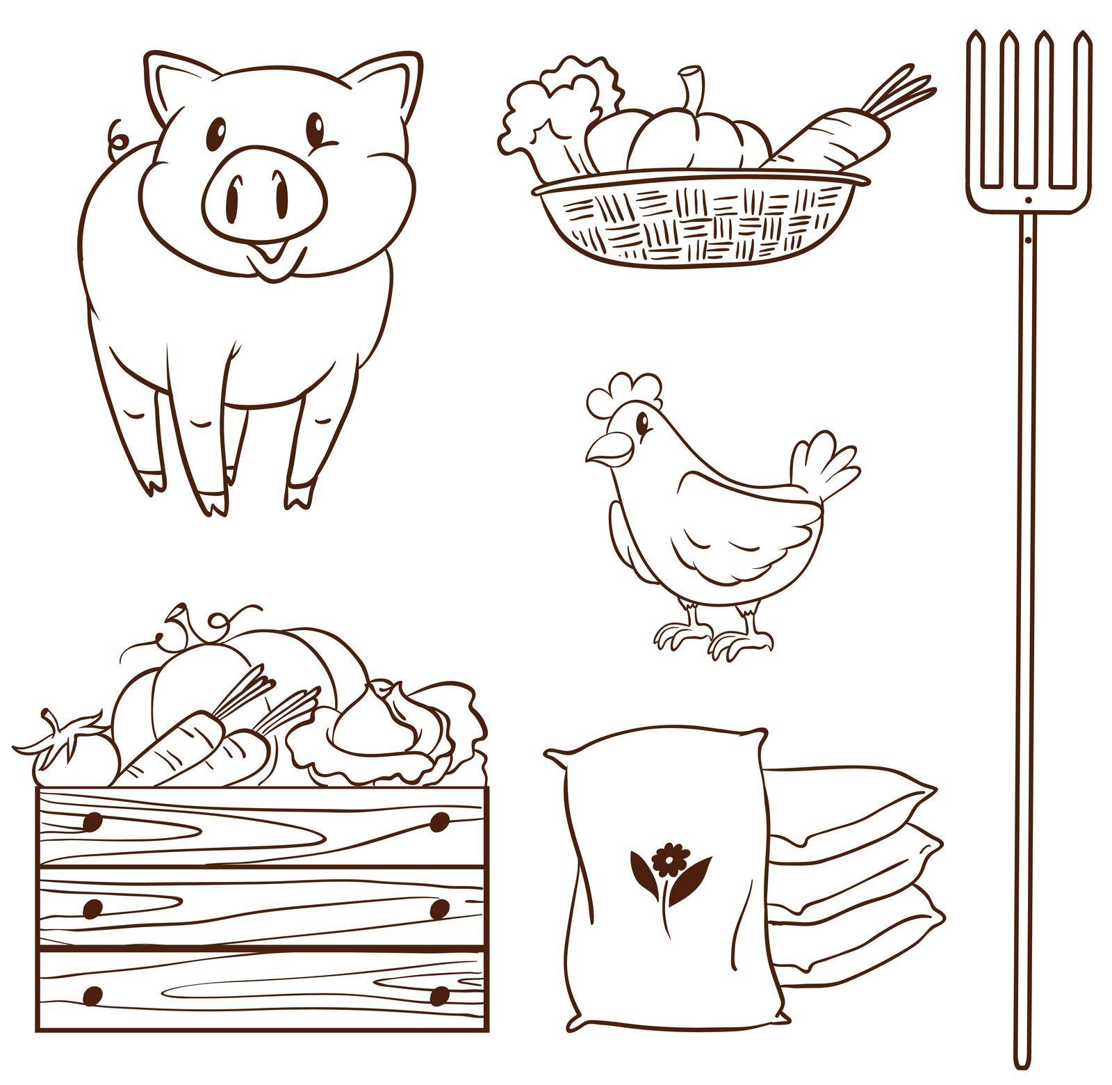 Illustration of a simple sketch of the farm animals and the harvested vegetables on a white background