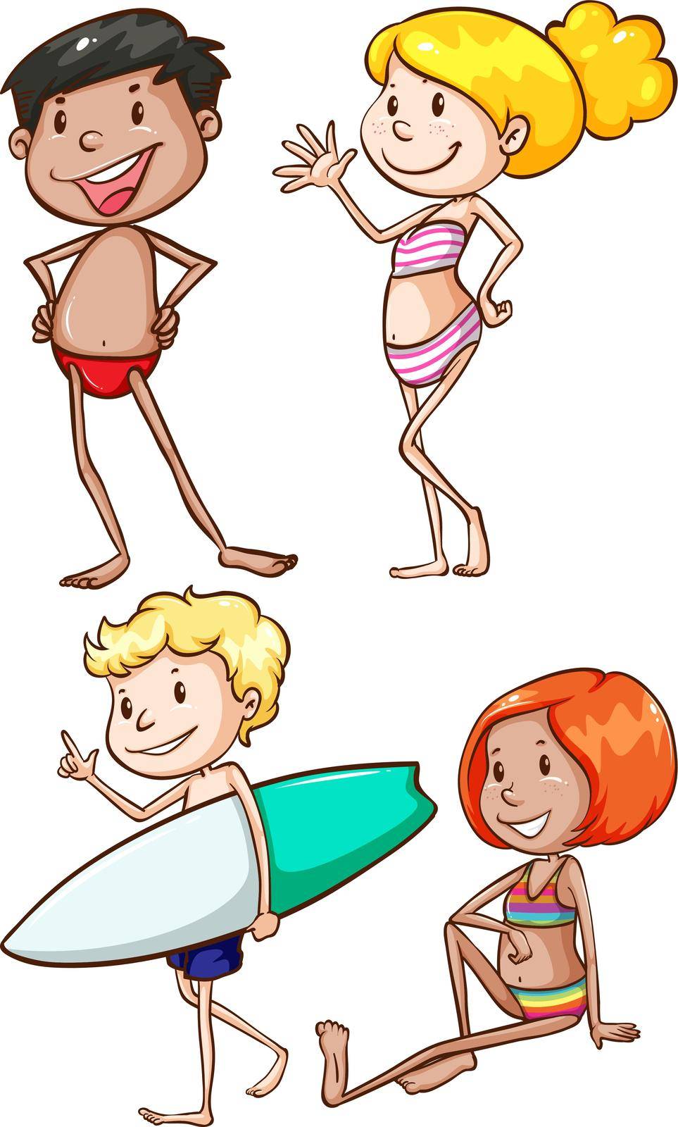 Illustration of the plain drawings of the people at the beach on a white background