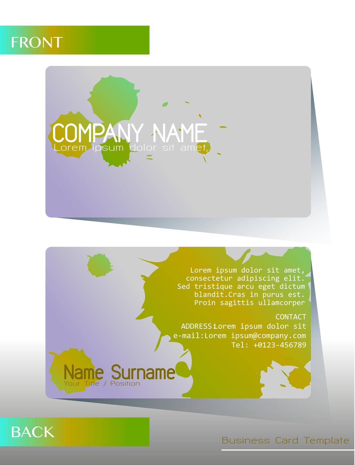 A grey and green coloured business card on a white background