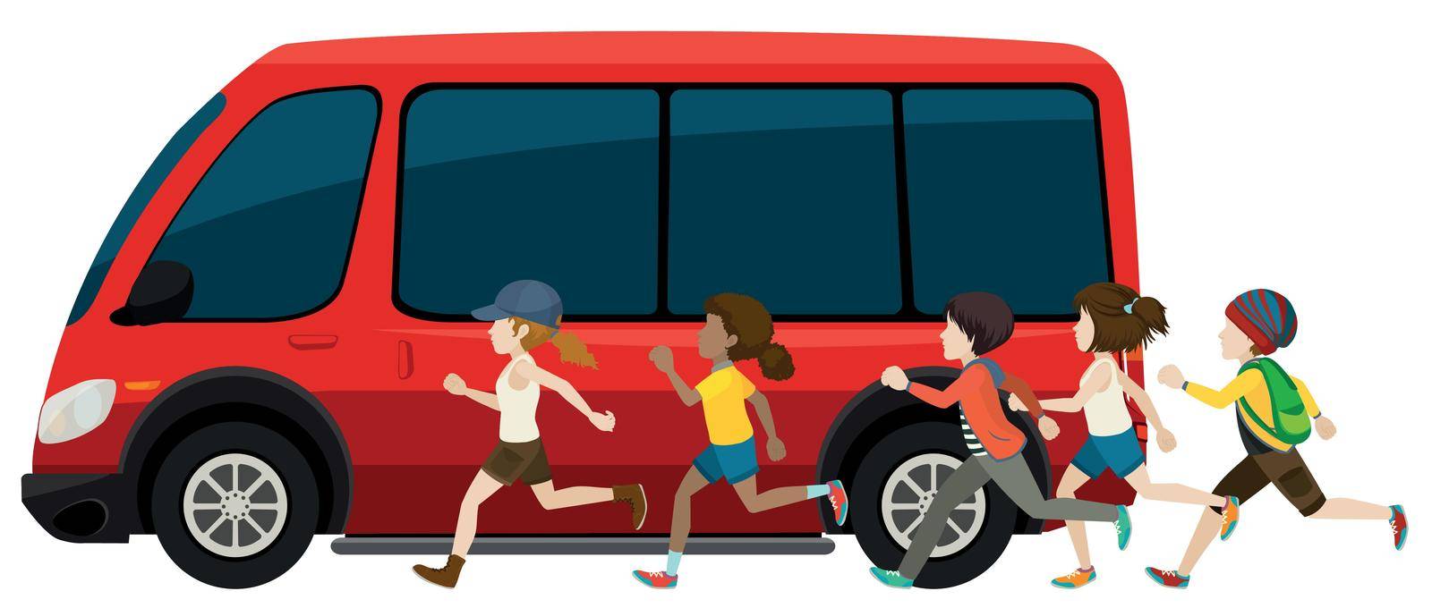 Side view of a red vehicle with people running by